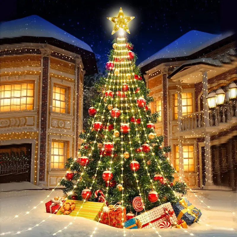 LED-lit pre-installed artificial Christmas tree with cascading star topper and ornament-ready branches