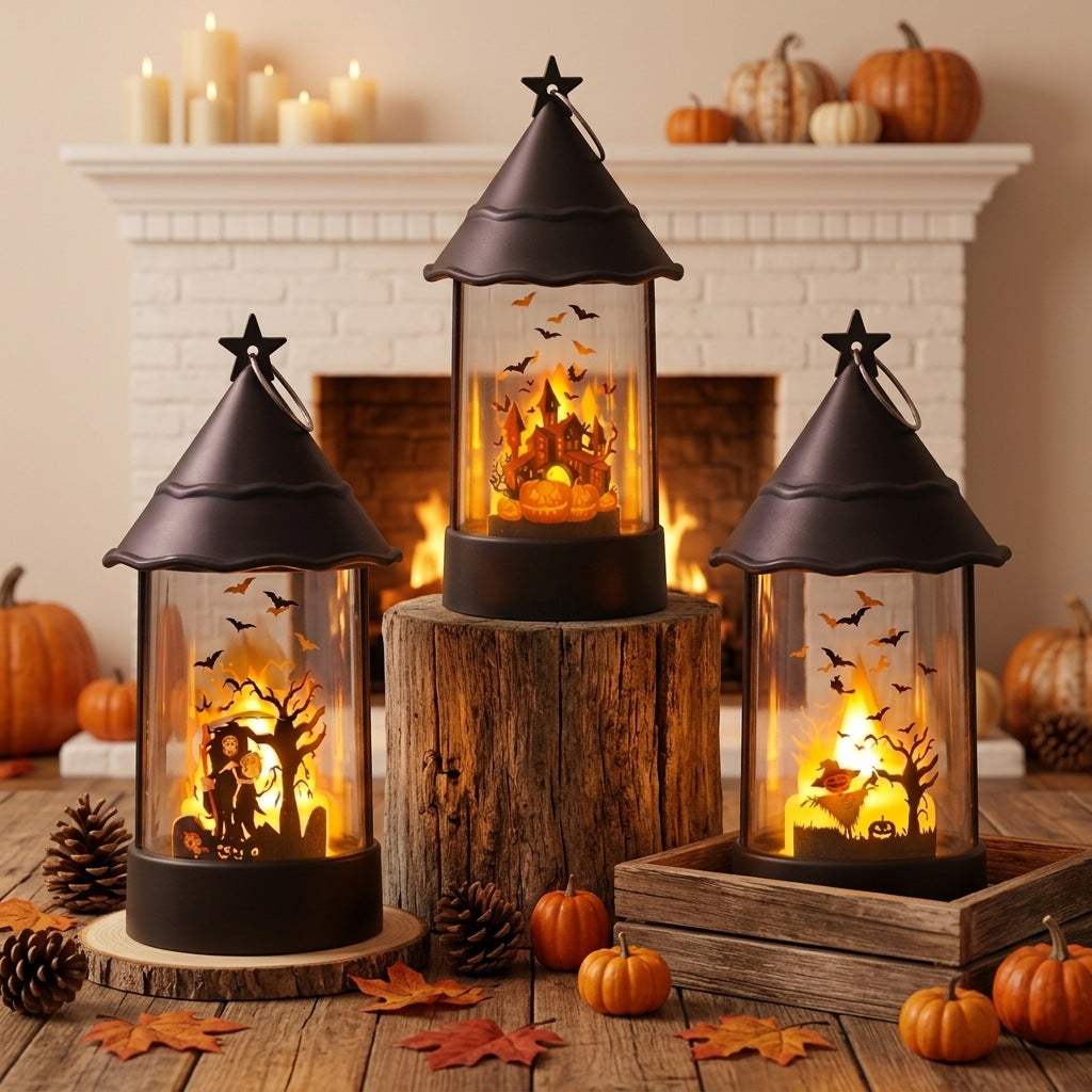 Halloween LED Lantern with Animated Haunted House Diorama