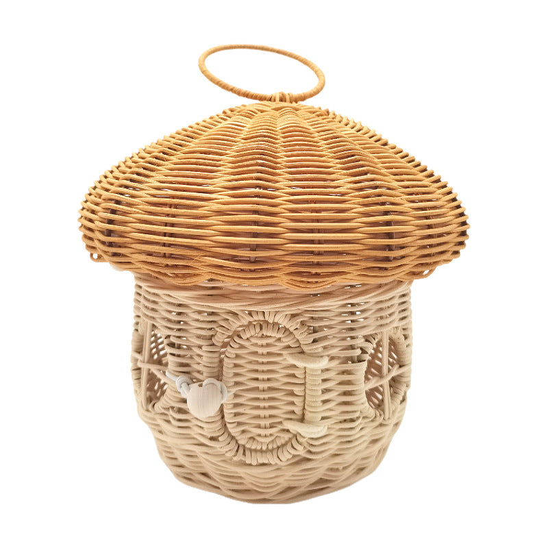 Playful storage basket with mushroom hat design