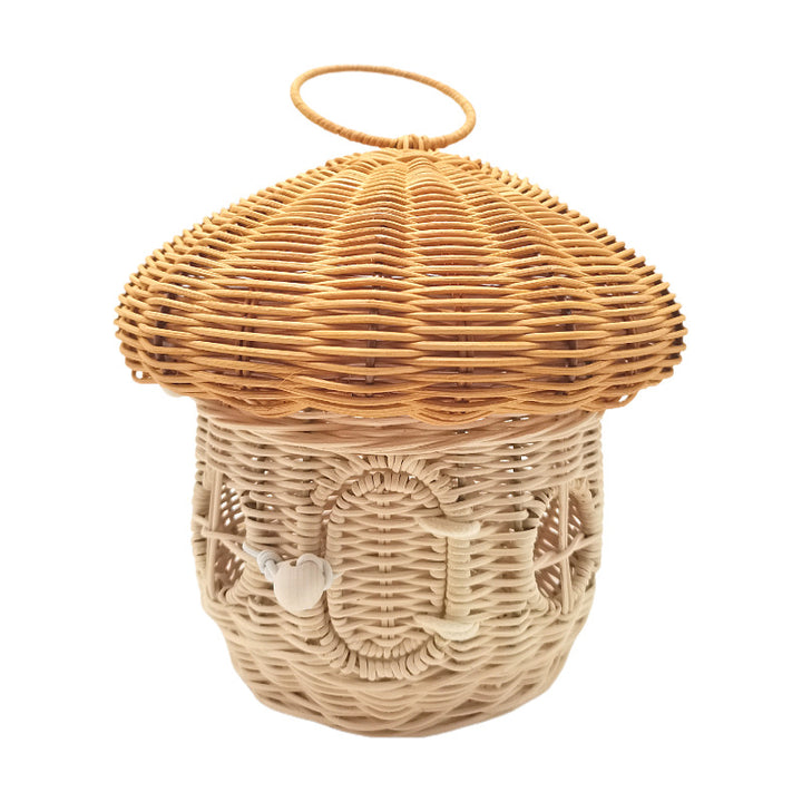 Playful storage basket with mushroom hat design
