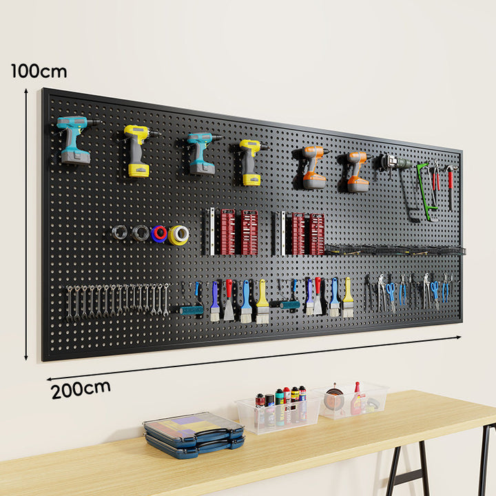 Heavy-Duty Wall-Mounted Perforated Steel Pegboard Tool Organizer with Modular Hooks and Shelf