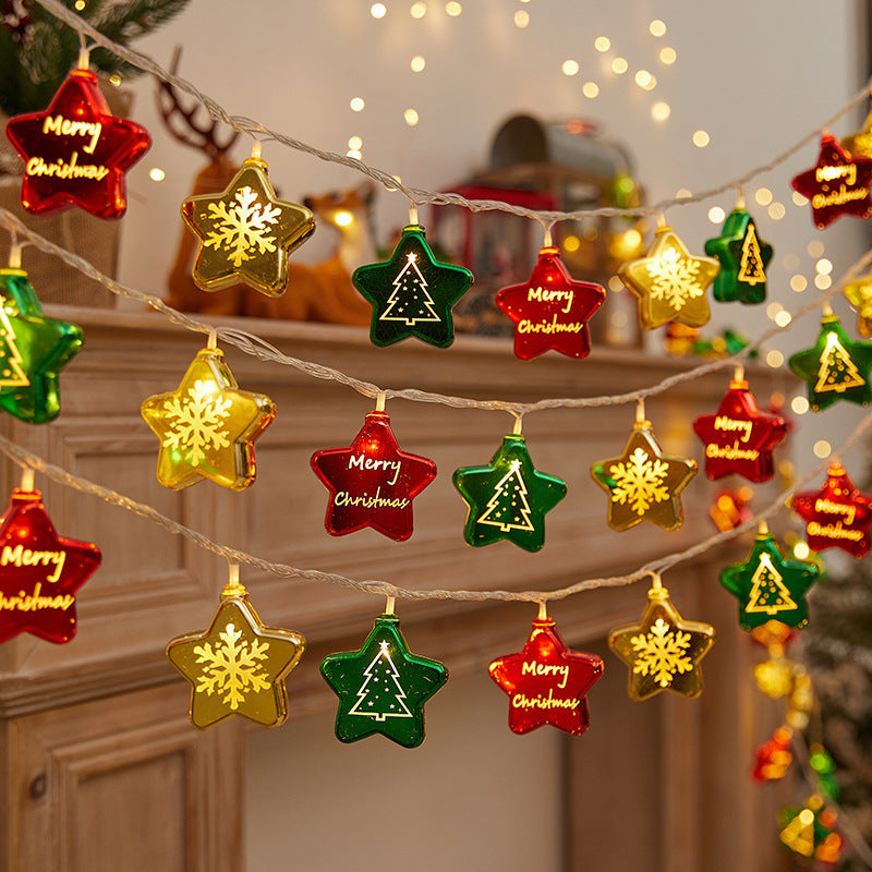 Festive string lights with Christmas ornaments