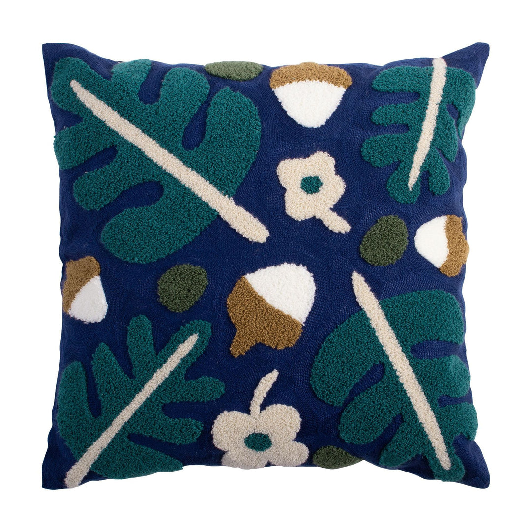 Woven decorative pillow cover with hand-tufted floral appliqués and bouclé relief