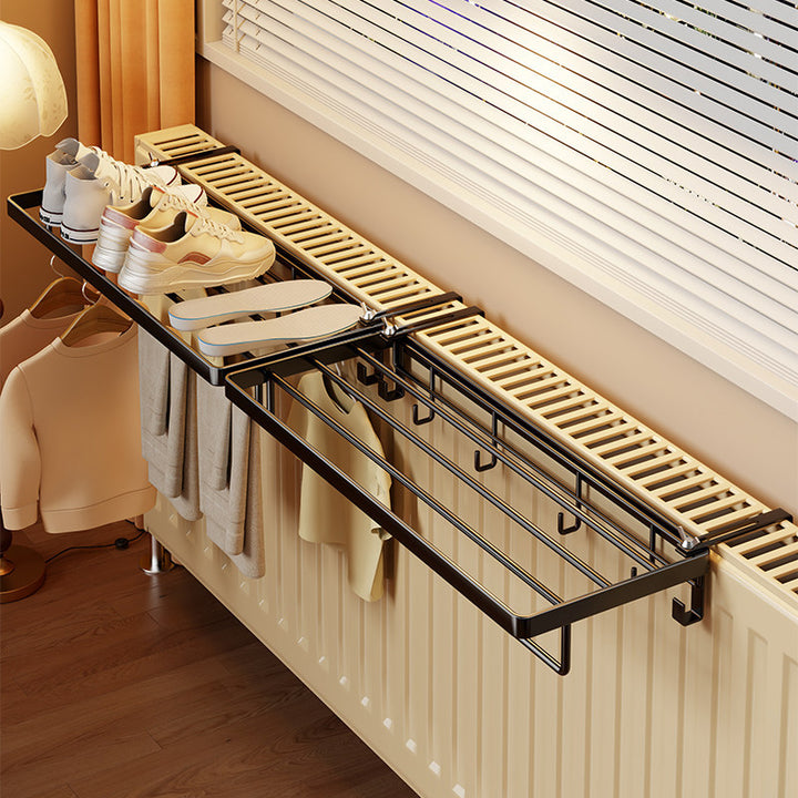 Radiator-Mounted Folding Drying Rack with Extendable Shoe Shelf and Multi-Hook Hanger