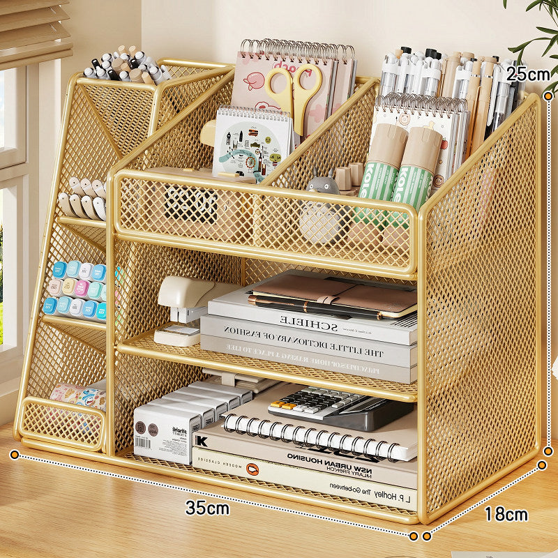 Desktop Mesh Organizer with Multi-Compartment Stationery and Document Storage