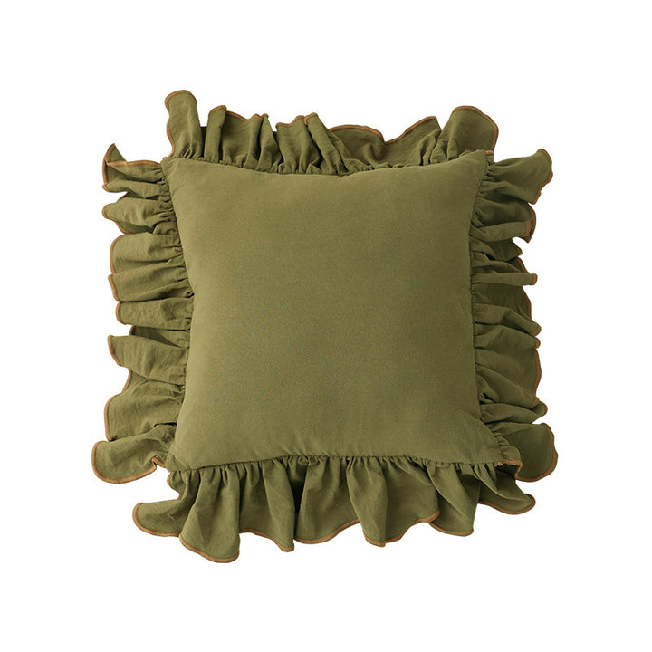 Romantic decorative cushion with gathered ruffles and linen look