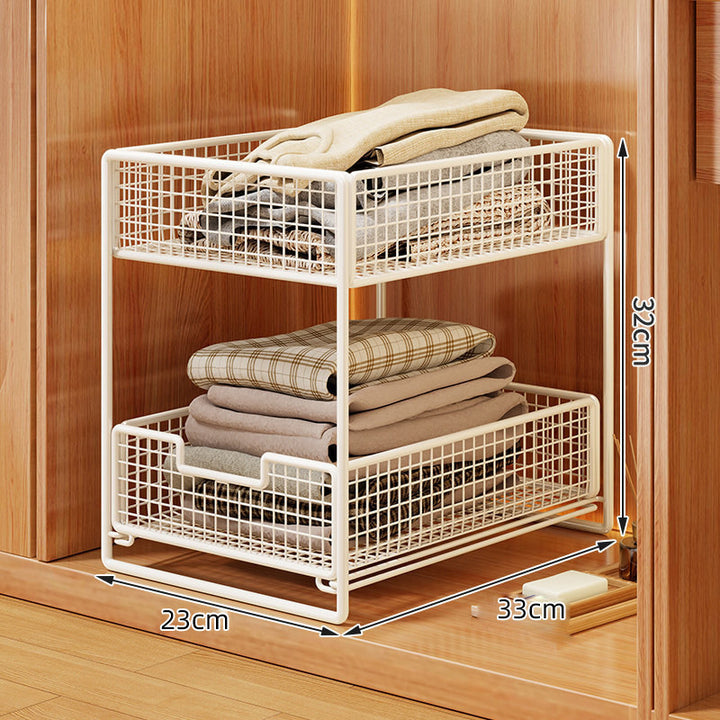 Two-Tier Pull-Out Wire Mesh Closet Organizer with Soft-Glide Slide and Stackable Drawers