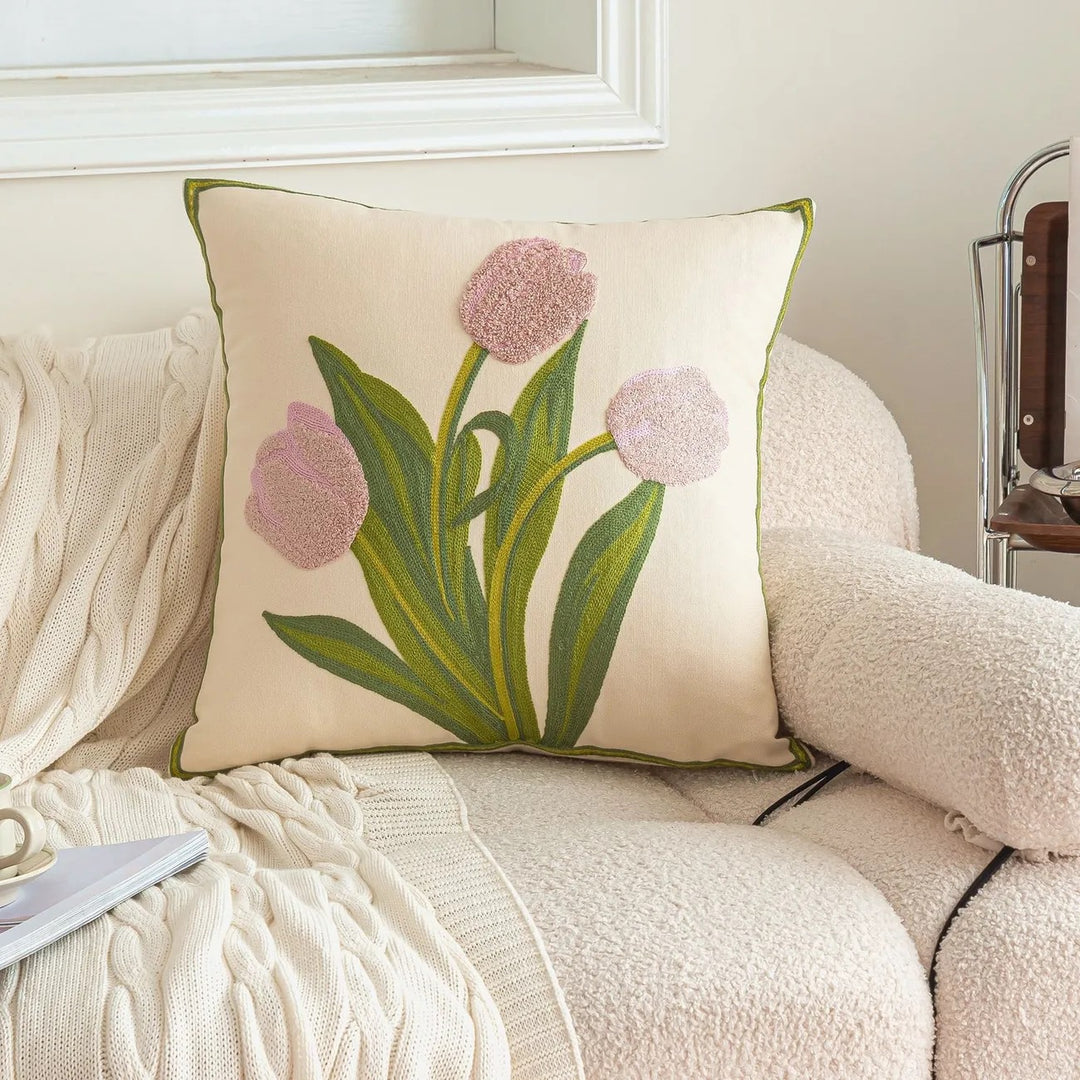 Embroidered Floral Decorative Throw Pillow