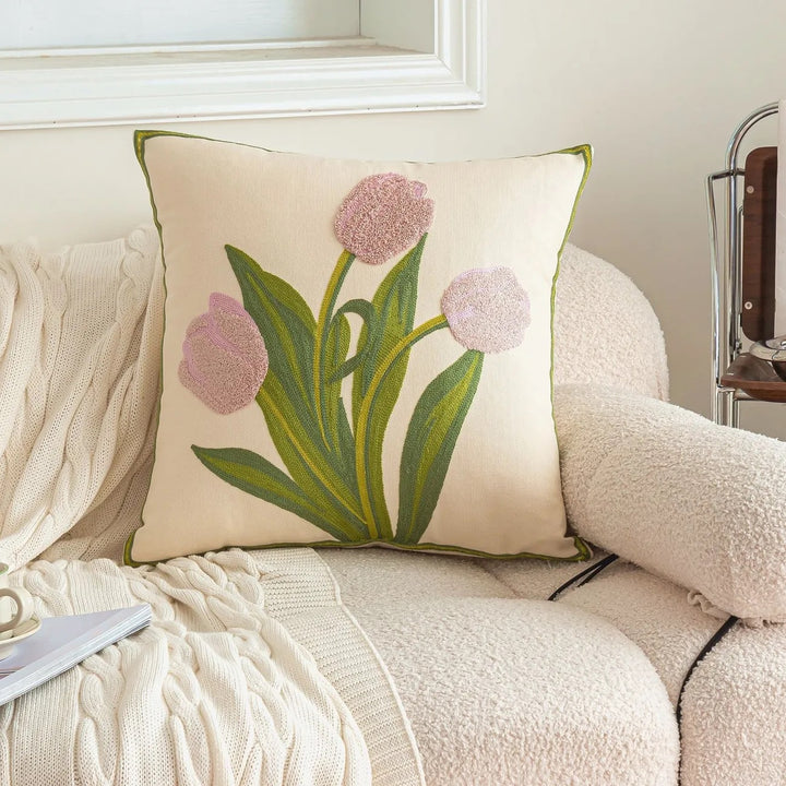 Embroidered Floral Decorative Throw Pillow