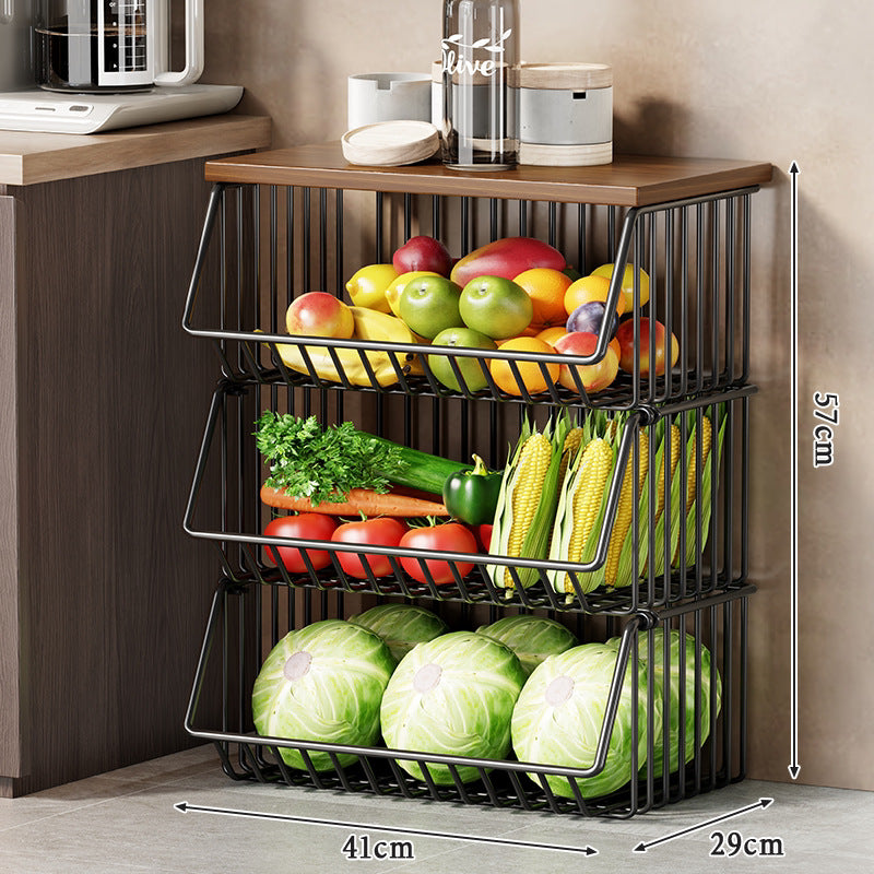 Multi-Tier Rolling Kitchen Fruit and Vegetable Storage Cart with Wood Top