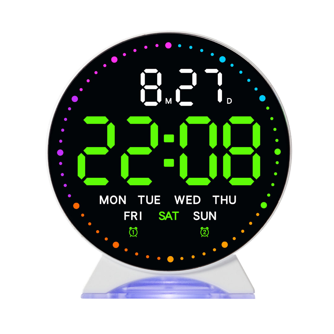 Digital alarm clock with large LED display and multifunctional display