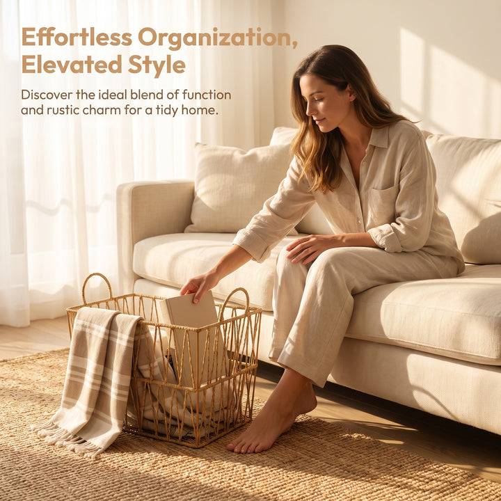 Decorative storage basket made of woven natural material