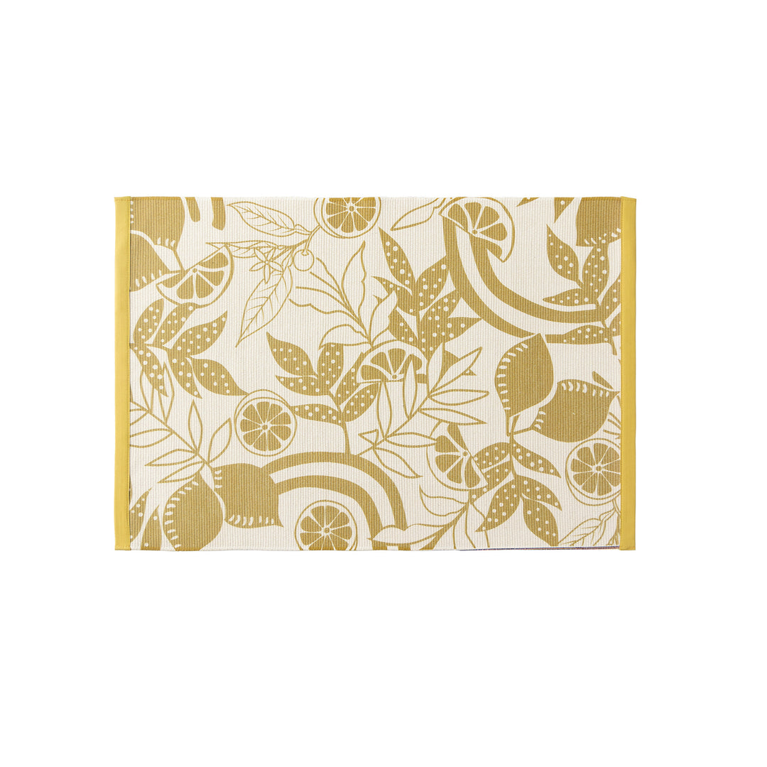 Woven table runner with floral vinyl print look and reinforced overlock stitching