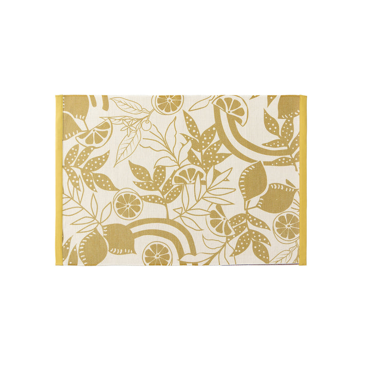 Woven table runner with floral vinyl print look and reinforced overlock stitching