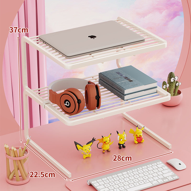 Tiered Adjustable Metal Laptop and Monitor Riser with Ventilated Slatted Shelves and Under-Storage Organizer