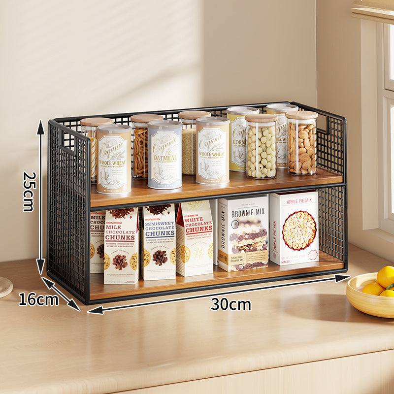 Multi-Tier Wire Mesh Countertop Pantry Organizer with Wood Shelves and Basket