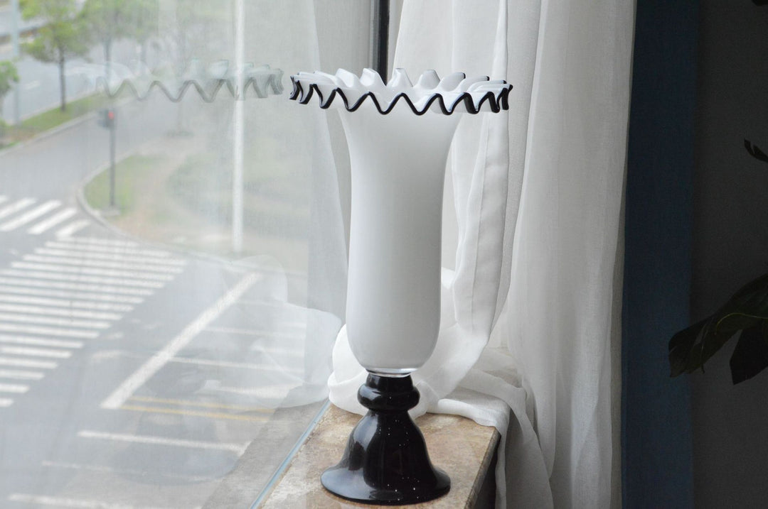 Tall Hand-Blown Fluted Glass Vase with Ruffled Rim & Rounded Pedestal Base