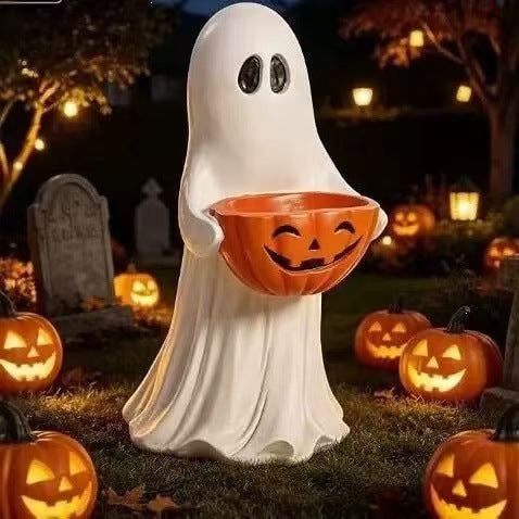 Decorative Ghost Figure with Pumpkin Lantern