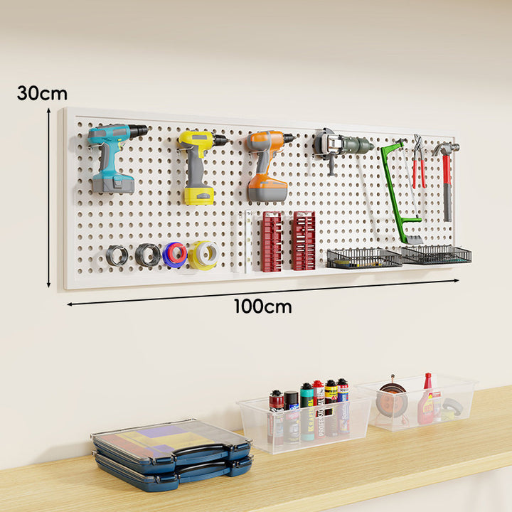 Heavy-Duty Wall-Mounted Perforated Steel Pegboard Tool Organizer with Modular Hooks and Shelf