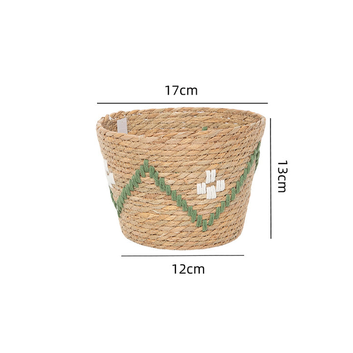 Handwoven storage basket with colorful accents