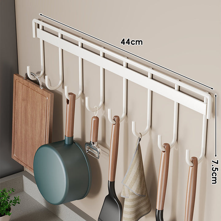 Wall-Mounted Multi-Hook Kitchen Utensil and Pan Hanger Rack