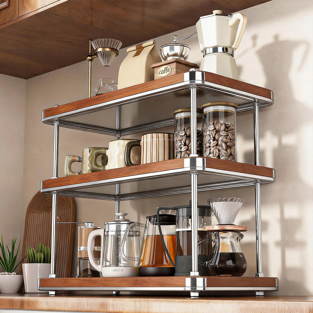 Multi-Tier Countertop Kitchen Shelf Organizer with Wooden Boards and Chrome Support