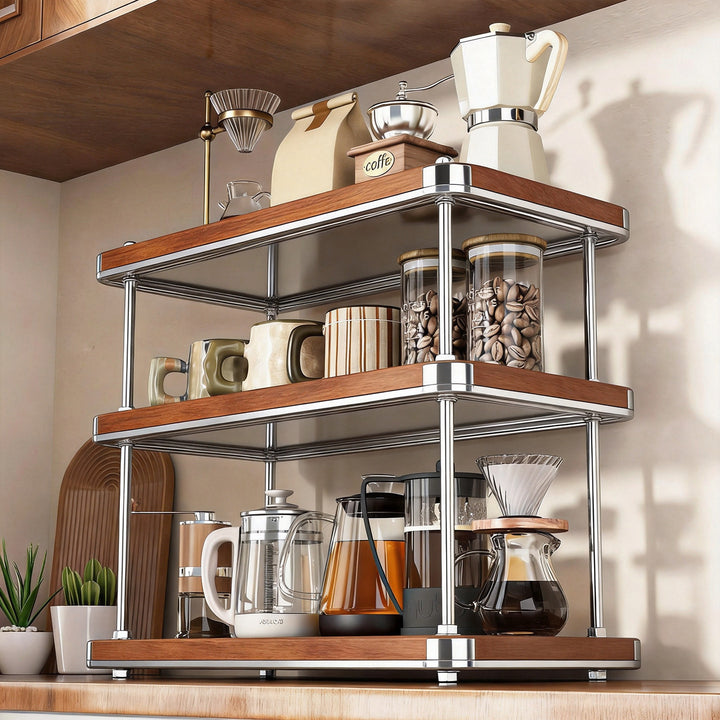 Multi-Tier Countertop Kitchen Shelf Organizer with Wooden Boards and Chrome Support