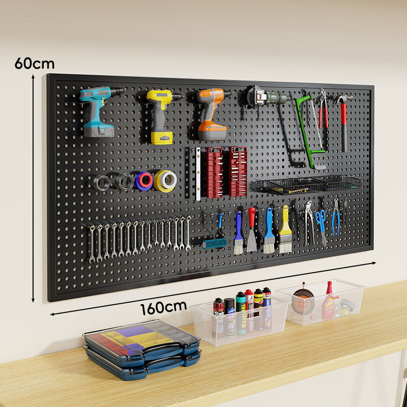 Heavy-Duty Wall-Mounted Perforated Steel Pegboard Tool Organizer with Modular Hooks and Shelf