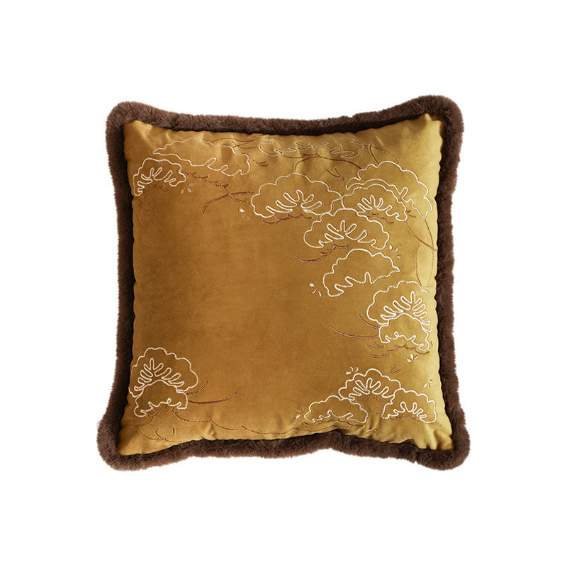 Square velvet cushion cover with intricate embroidery and faux fur trim