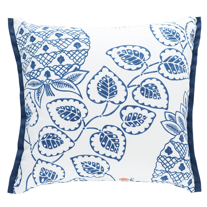 Square decorative cushion cover with botanical leaf print, cotton-linen mix and contrasting piped edge