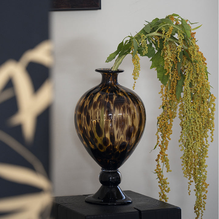 Hand-Blown Speckled Pedestal Art Glass Vase with Narrow Neck