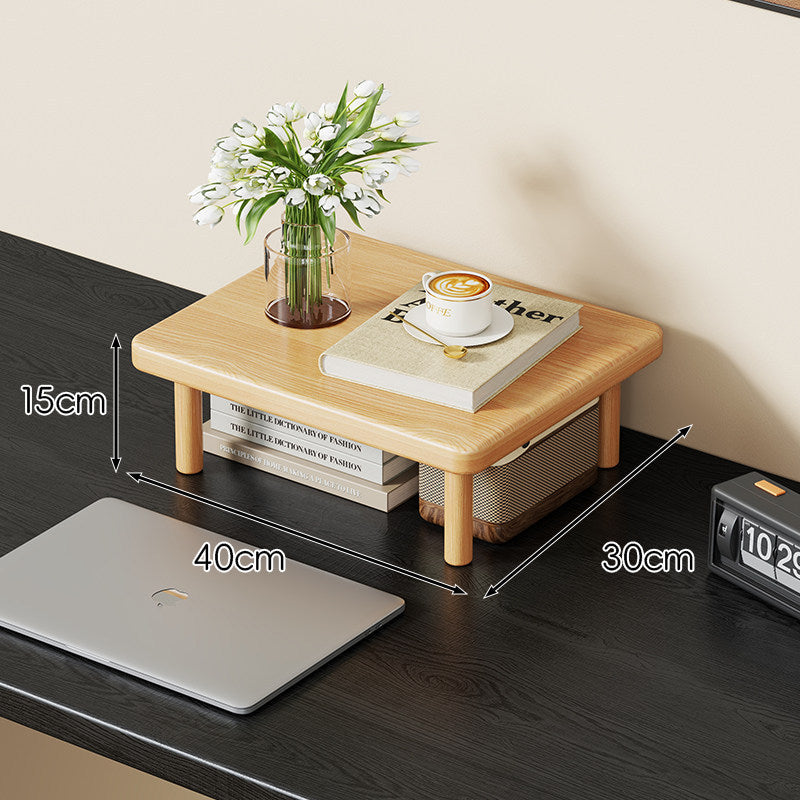 Compact Solid Wood Elevated Desk Display Stand with Under-Shelf Storage and Rounded Leg Design