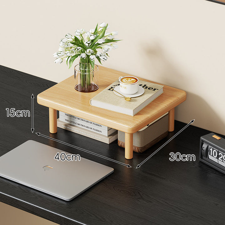 Compact Solid Wood Elevated Desk Display Stand with Under-Shelf Storage and Rounded Leg Design