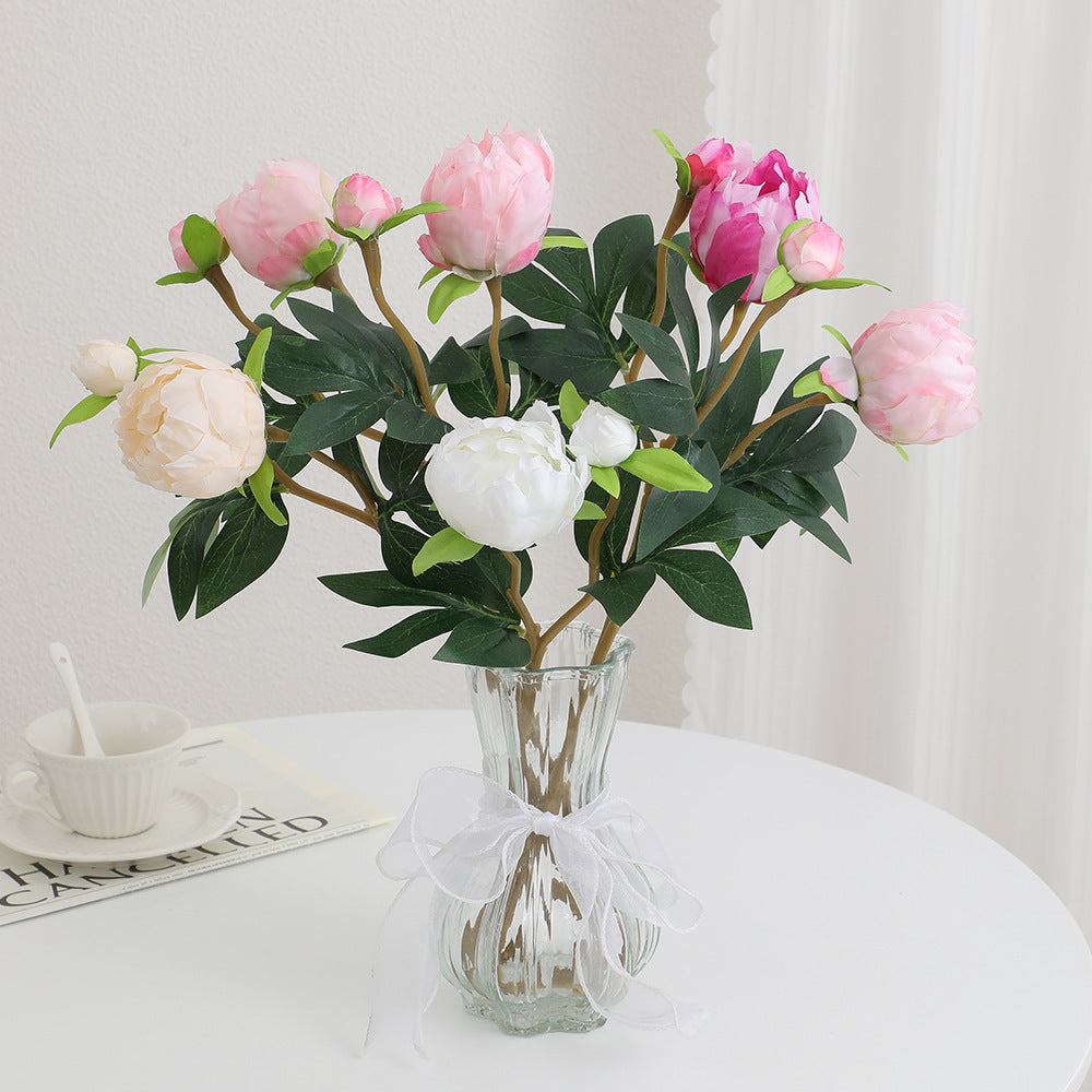Artificial peony stem with lifelike flowers and leaves