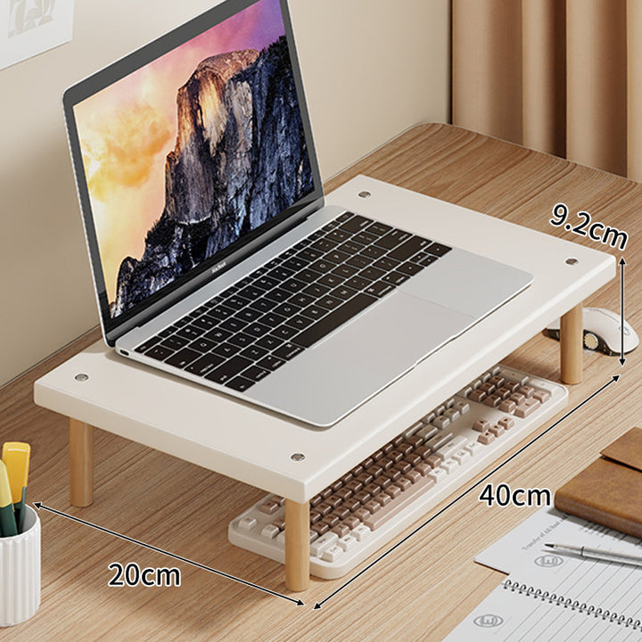 Compact Desktop Laptop and Monitor Riser with Under-Keyboard Storage and Wood Legs