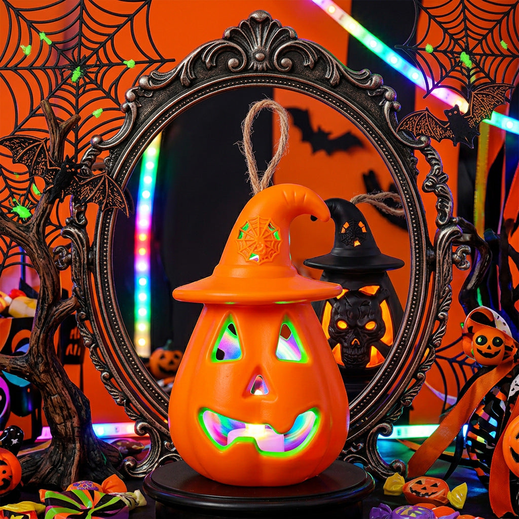 Halloween hanging LED pumpkin lantern ceramic ornament lantern with witch hat and jute rope