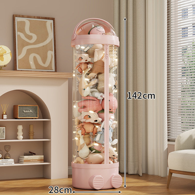 Tall Cylindrical Toy and Plush Storage Organizer with Clear Zip Cover and Rolling Vent Base