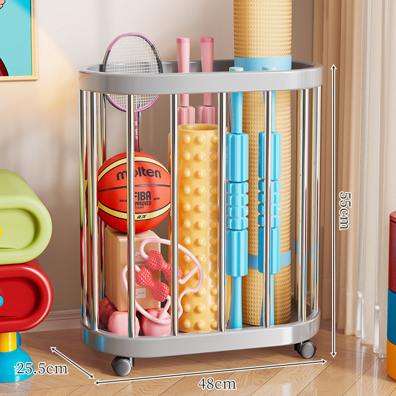 Vertical Rolling Sports Gear Storage Organizer with Cylindrical Metal Bar Frame and Casters
