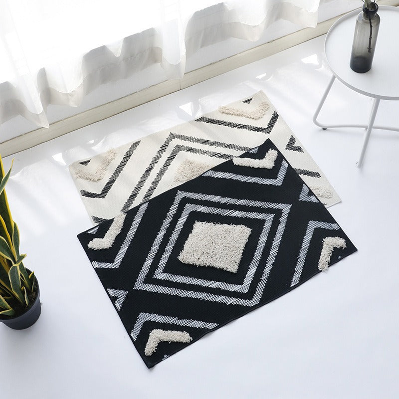 Short-pile bathroom and living rug with geometric diamond pattern and anti-slip backing