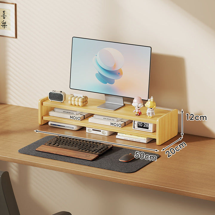 Solid Wood Monitor Riser and Desk Organizer with Dual-Level Shelf and Cable Management