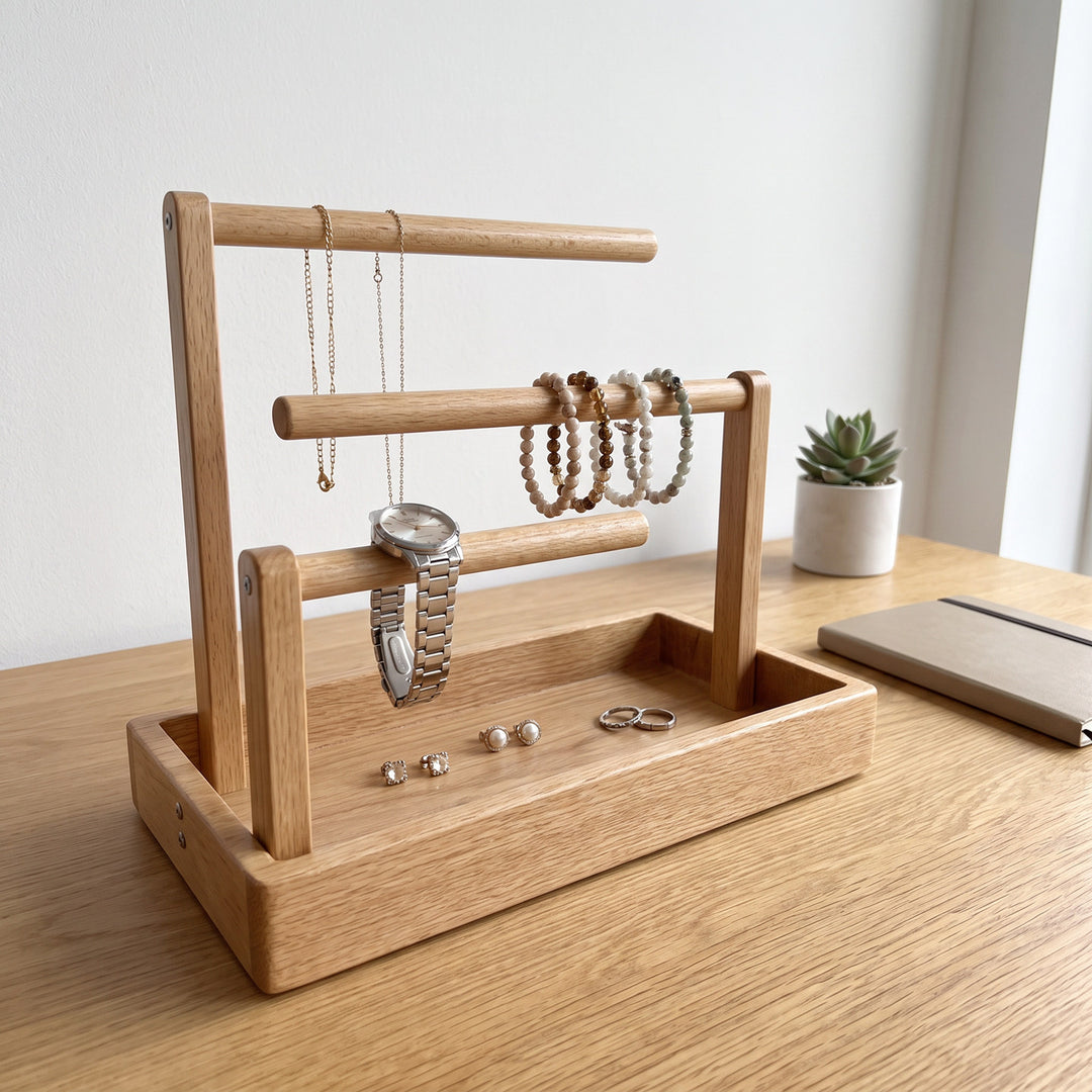Wooden Jewelry Organizer with Dual Hanging Rails and Deep Storage Tray