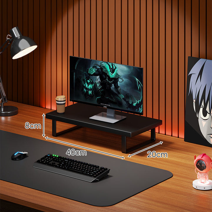 Elevated Wooden Monitor Riser Stand with Metal Bracket Legs and Cable-Friendly Desktop Shelf