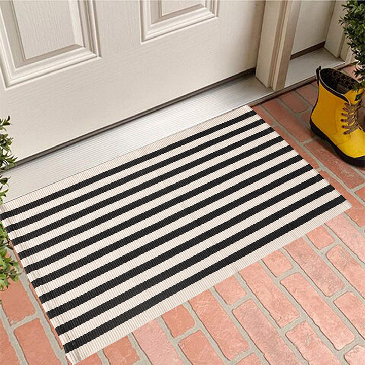 Flat woven runner for living and dining room with modern stripe pattern
