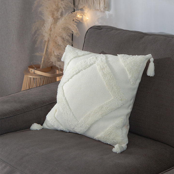 Woven decorative cushion cover with high pile, diamond tufting and tassels