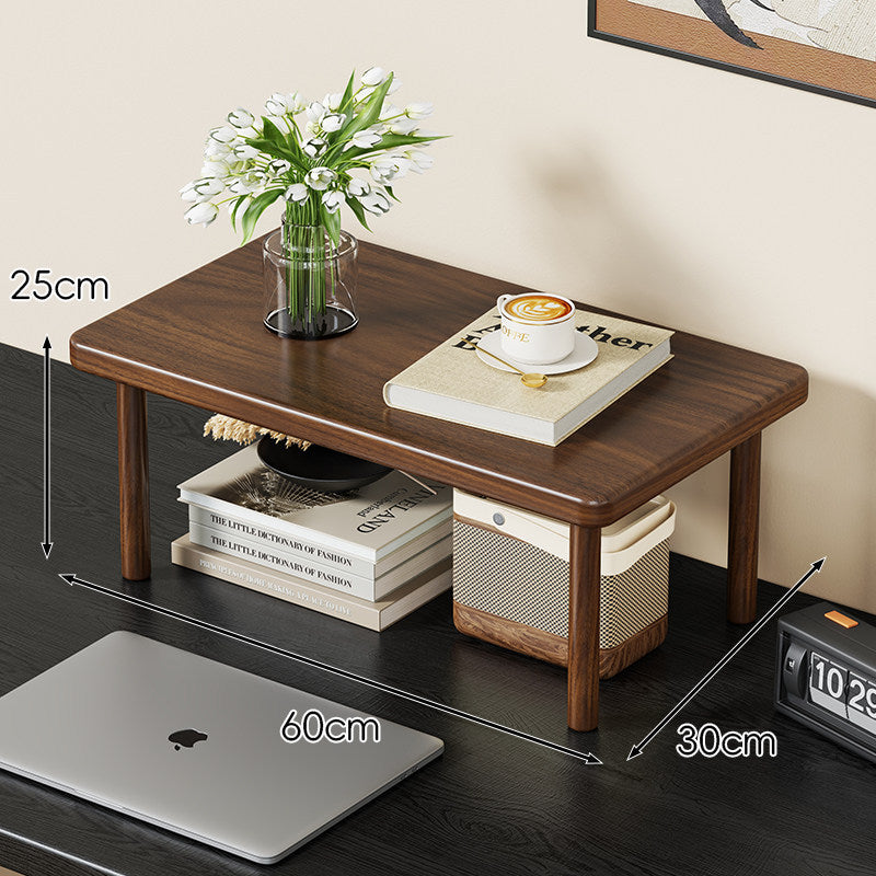 Compact Solid Wood Elevated Desk Display Stand with Under-Shelf Storage and Rounded Leg Design