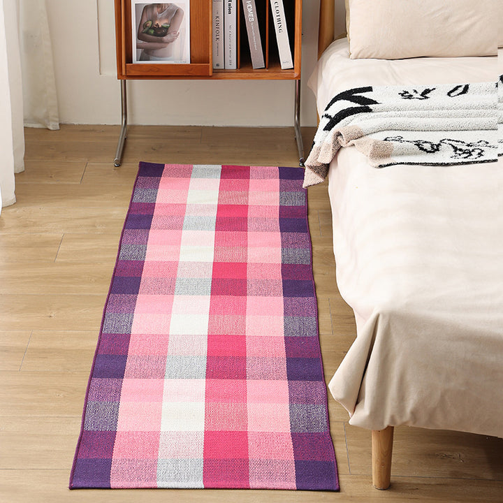 Flat woven bed runner and carpet runner with vibrant checked design
