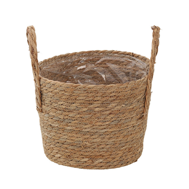 Handwoven storage basket with colorful accents