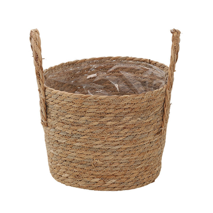 Handwoven storage basket with colorful accents