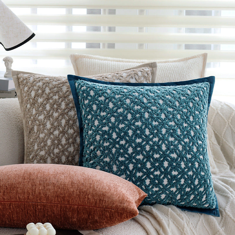 Square sofa cushion cover made of textured plush with fine piping