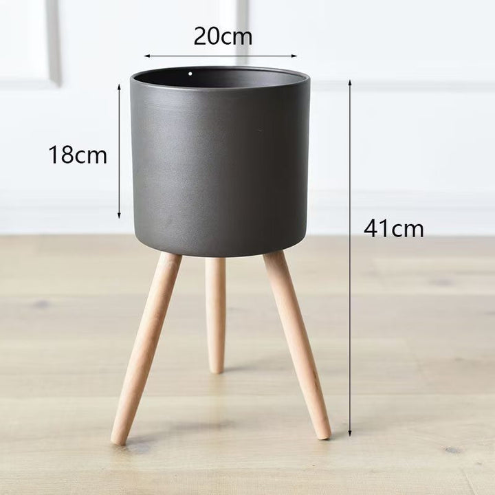 Plant pot with wooden stand
